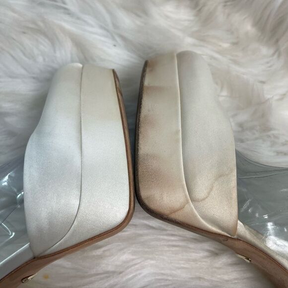 Badgley Mischka Felixa satin fabric white ankle pearl strap platform heels SZ8 - Picture 11 of 13